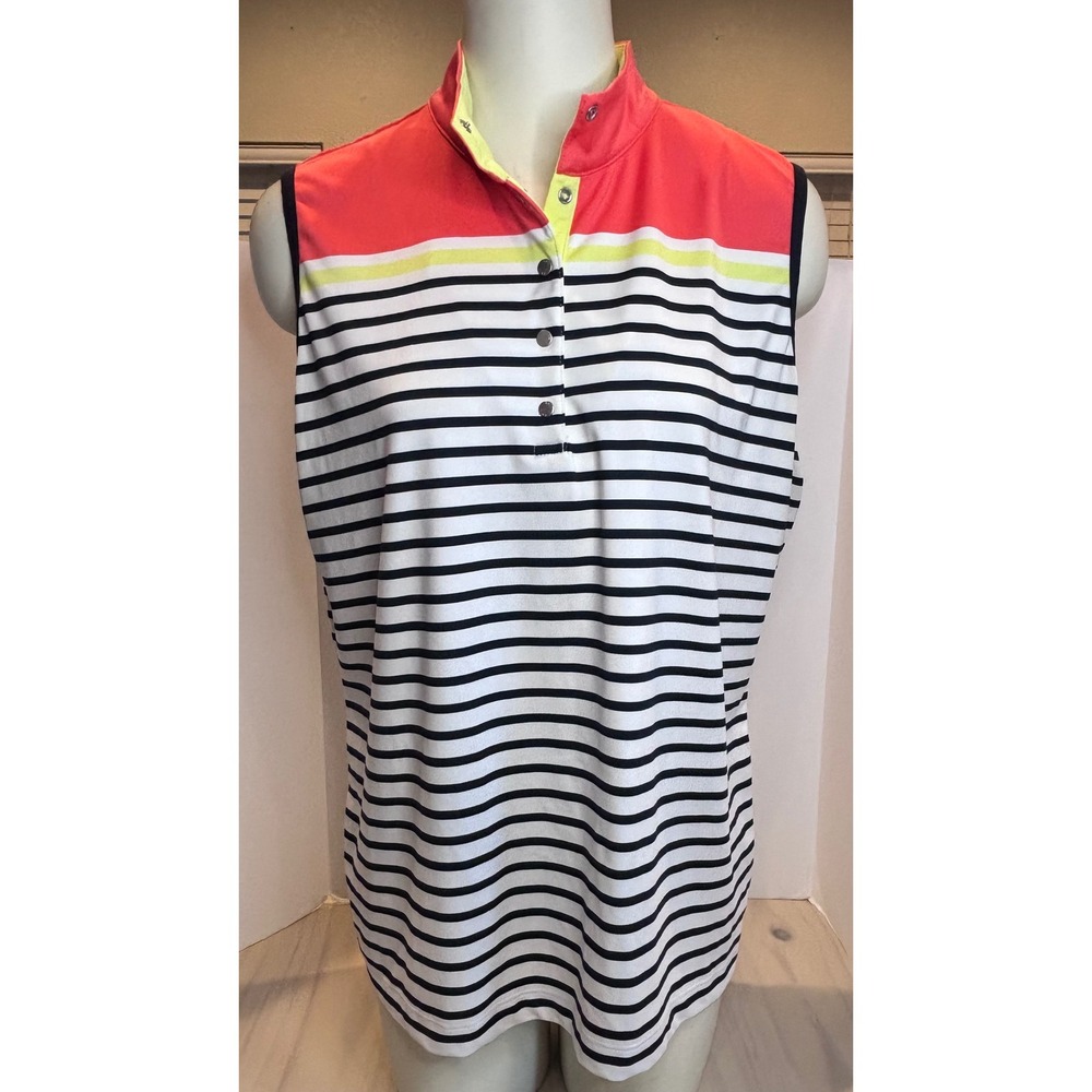 Tail Coral Yoke Striped Sleeveless Golf Top with Yellow Accents
